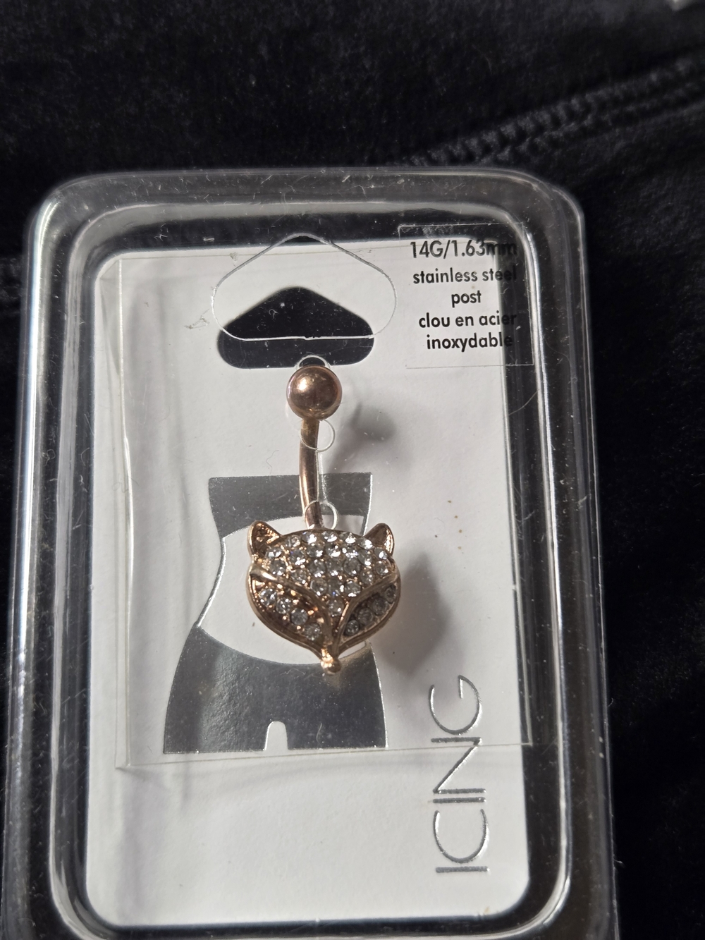 Paved CZ Crystal Fox Belly Button Ring - Rose Gold Tone 14G Stainless Steel-NIB